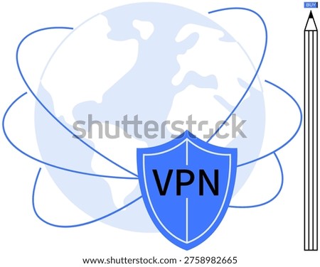 Online privacy, cybersecurity, internet safety, data protection, secure browsing, global networks. Shield with VPN text over a globe with connectivity lines. Online privacy and cybersecurity concept