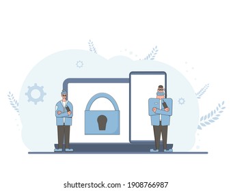 Online privacy. Data protection concept. Security guards defending confidential information. Two characters saving social media users trails. Vectror characters with laptop and phone with lock sign.