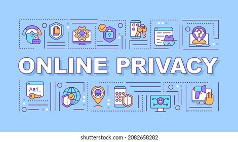 Banner de conceptos de palabra sobre privacidad en línea y protección de datos. Infografía con iconos lineales sobre fondo azul. Tipografía creativa aislada. Ilustración de color del contorno del vector con texto