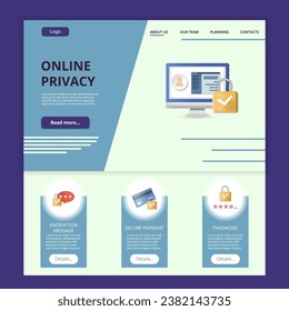 Online privacy flat landing page website template. Encryption message, secure payment, password. Web banner with header, content and footer. Vector illustration.