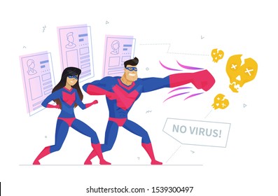 Online privacy safety metaphor flat vector illustration. No virus banner design element. Man and woman in hero outfits cartoon character. Personal information, social media profiles protection