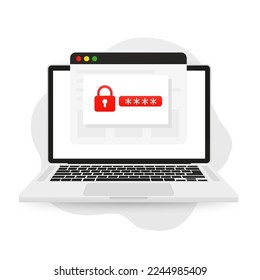 Online privacy and security. Data protection site concept. Online security concept. The laptop is protected by a shield and a lock, by entering a personal password. Vector illustration