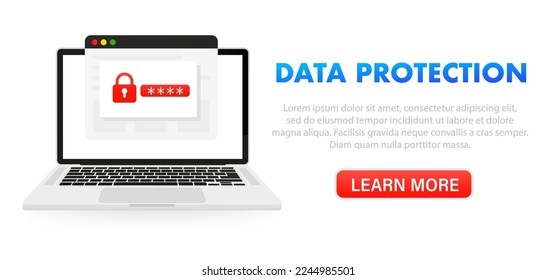 Privacidad y seguridad en línea. Concepto de sitio de protección de datos. Concepto de seguridad en línea. El portátil está protegido por un escudo y un candado, introduciendo una contraseña personal. Ilustración del vector