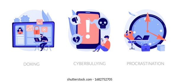 Online privacy violation, internet harassment problem, task delay and laziness icons set. Doxing, cyberbullying, procrastination metaphors. Vector isolated concept metaphor illustrations