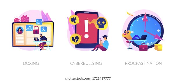 Online privacy violation, internet harassment problem, task delay and laziness icons set. Doxing, cyberbullying, procrastination metaphors. Vector isolated concept metaphor illustrations