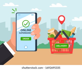 online product delivery. order via phone. flat vector illustration.