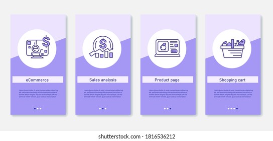 Online product retail mobile app. Set of app screens with eCommerce, sales analytics, product page and shopping cart. UI, UX, web template with RGB color linear icons. Digital sales and shopping