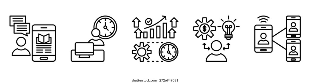 online productivity icon set. for remote activity. icon set contain online learning, working hours, productivity, entrepreneur, video call. simple vector line illustration.