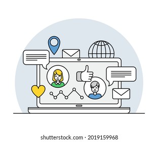 Online Profession with Learning Platform and Computer Interface Display Line Vector Illustration