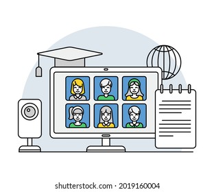 Online Profession with Learning Platform and Computer Interface Display Line Vector Illustration