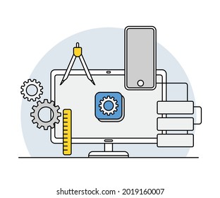 Online Profession with Learning Platform and Computer Interface Display Line Vector Illustration