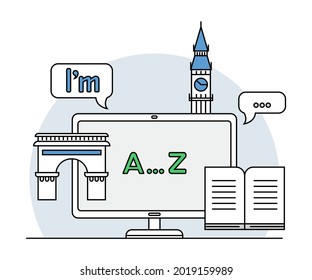 Online Profession with Learning Platform for English Language Study and Computer Interface Display Line Vector Illustration