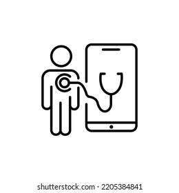 Online professional doctor icon, medical consultation app for patient meeting, clinic service on a smartphone, thin line web symbol on white background - editable stroke vector illustration.