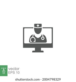 Online Professional Doctor Icon. Telemedicine Or Telehealth Virtual Doctor Visit Or Ask Doctor On Laptop Computer For Healthcare App And Web. Solid Vector Illustration Design On White Background EPS10