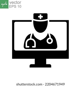 Online Professional Doctor Icon. Telemedicine Or Telehealth Virtual Doctor Visit Or Ask Doctor On Laptop Computer For Healthcare App And Web. Solid Vector Illustration Design On White Background EPS10