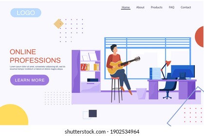 Concepto de profesiones en línea. Plantilla de página de inicio del sitio web. Hombre sentado en la oficina con guitarra y tocando. Guitarista haciendo melodía en el lugar de trabajo. La persona crea música. Carácter masculino está componiendo canciones