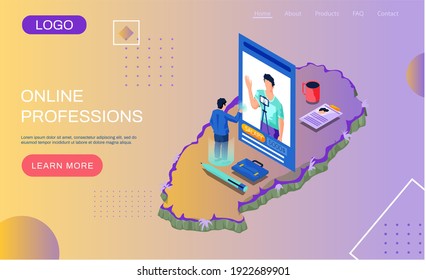 Online professions landing page template. Male worker chooses new profession or vacancy online on job search site. Blogger recording video on phone. Student looking for new work on virtual screen