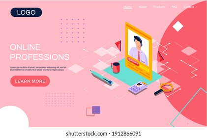 Plantilla vectorial de página de aterrizaje para profesiones en línea. Interfaz web de la empresa de contratación con trabajo a distancia para candidato. Diseño de página de inicio de búsqueda para el autónomo. Banner web de asistencia para búsqueda de empleo