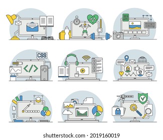 Online Professions with Learning Platform and Computer Interface Display Line Vector Set