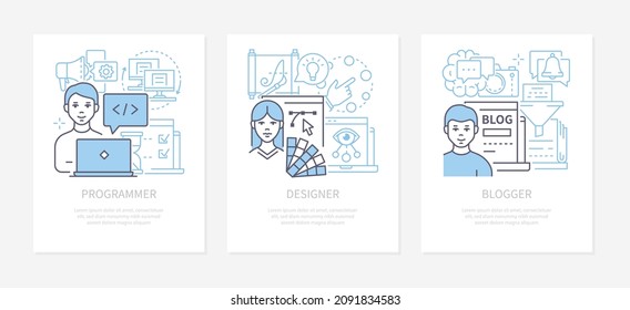 Online professions - modern line design style banners set