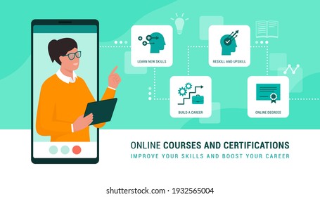 Online professor presenting online courses and services on the e-learning platform