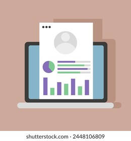 Online profile analytics report. Laptop with user data statistics. Vector illustration. EPS 10.