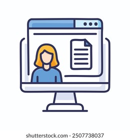 Online profile with document icon. Illustration of a computer screen displaying a female profile with a document icon.