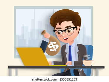 Online profit vector character concept. Business man character sending money online using laptop with hand holding sack and dollar sign in yellow empty background. Vector illustration.  