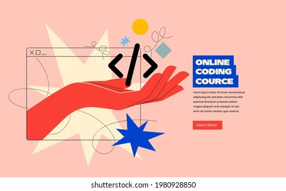 Online programing or coding or mobile app or website development course banner design concept with hand coming out of browser silhouette and holding code in trendy bright colors. Vector illustration - Shutterstock ID 1980928850