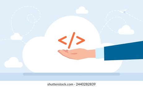 Online programing or coding. Programming code symbol in hand. Coding or Hacker background. Code, program, coder concept. Development and software concept. Vector Illustration.