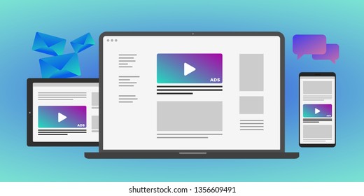 Online programmatic advertising concept in laptop and mobile device - Programmatic Advertising cross targeting audience ads concept illustration. Laptop, Tablet PC, mobile phone isolated on gradient