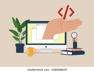 Online programming  or mobile app, coding, website development with hand coming out of browser silhouette and holding code. Vector illustration.