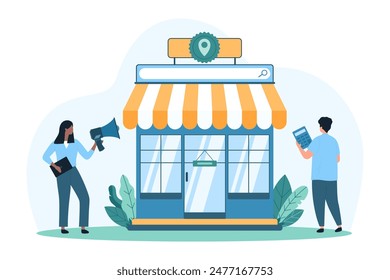 Online promotion campaign for commerce, retail store. Tiny people of marketing team announce in megaphone project launch, shop presentation and open sales for customers cartoon vector illustration