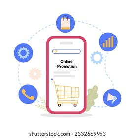 Online promotion concept. Advertising and marketing on Internet and social networks, messengers. Electronic commerce and shopping. Template, layout and mockup. Cartoon flat vector illustration