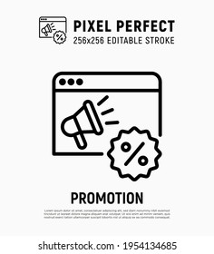 Online promotion: megaphone on web page and price reduction. Sale. E-commerce, digital marketing. Thin line icon. Pixel perfect, editable stroke. Vector illustration.