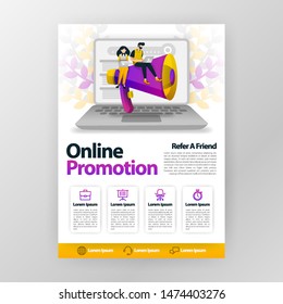 Online promotion and refer a friend business poster with flat cartoon illustration. flyer pamphlet brochure magazine cover design layout space for promotion marketing, vector print template A4 size
