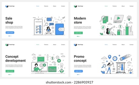 Online promotions and development of modern store, promo sales set vector illustration. Cartoon tiny people shoot arrows at bullseye to reduce prices, buy on fashion marketplaces on phone screen