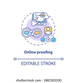 Online proofing concept icon. App feature idea thin line illustration. Files reviewing and approving. Real-time team collaboration. Vector isolated outline RGB color drawing. Editable stroke