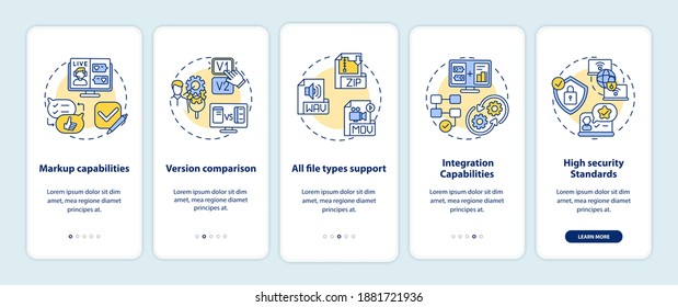 Online Proofing Software Features Onboarding Mobile App Page Screen With Concepts. Markup, Integration Capabilities 5 Steps Graphic Instructions. UI Vector Template With RGB Color Illustrations