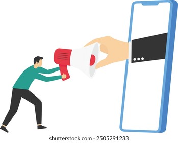 Online propaganda. Big hand pulling a megaphone tug of war with a businessman. Vector illustration

