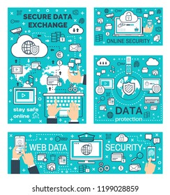 Online protection and secure data exchange in internet. Vector web cloud storage technology, user privacy and encryption in computer and smartphone networks