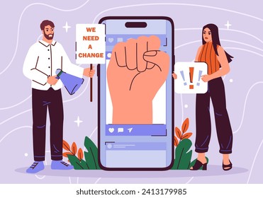 Online Protest Konzept. Mann und Frau in der Nähe von Smartphone-Bildschirm mit Faust der Hände. Demokratie und Redefreiheit. Rallye im Internet. Wir brauchen Veränderung. Cartoon-Flavektor-Vektorgrafik