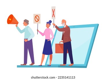 Online protest design, vector illustration. Flat tiny man woman character social group stan at laptop, hold poster and loudspeaker.