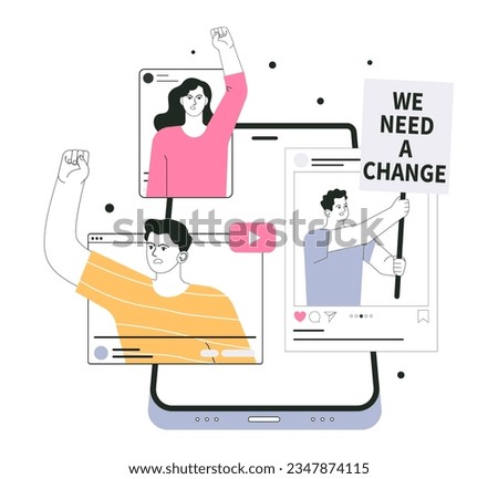 Online protest. People on smartphone screen protesting with banners. Angry characters holding a megaphone and posters with demands. Digital activism. Flat vector illustration