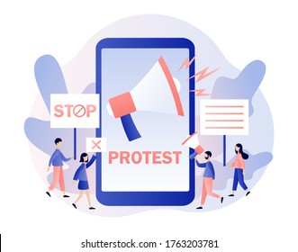 Online protest and social activity concept. Tiny people protesters, holding banners, placards and megaphones. Parade, political meeting or rally. Modern flat cartoon style. Vector illustration 