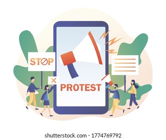 Online protest and social activity concept. Parade, political meeting or rally. Tiny people protesters, holding banners, placards and megaphones. Modern flat cartoon style. Vector illustration 