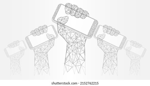 Online Protest Vector. Digital Revolution Concept. Hexagonal Graphic Hands Raising Mobile Phone Design. 3d Cubes Pattern Geometric Style