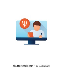 Online Psychiatry Flat Icon. Telehealth Medical Care. Virtual Psychiatrist Consultation. Telemedicine, Health Care Concept. Online Medicine, Psychotherapy. Color Vector Illustration With Shadow