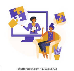 Online psychological consultation. Woman receives psychological help via the Internet while staying at home. Сoncept online app for specialist consultations. Mental illness and life problems.