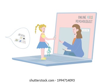 Online psychological counseling with child concept. Girl and consulting psychologist are having online session. Vector illustration for web, post